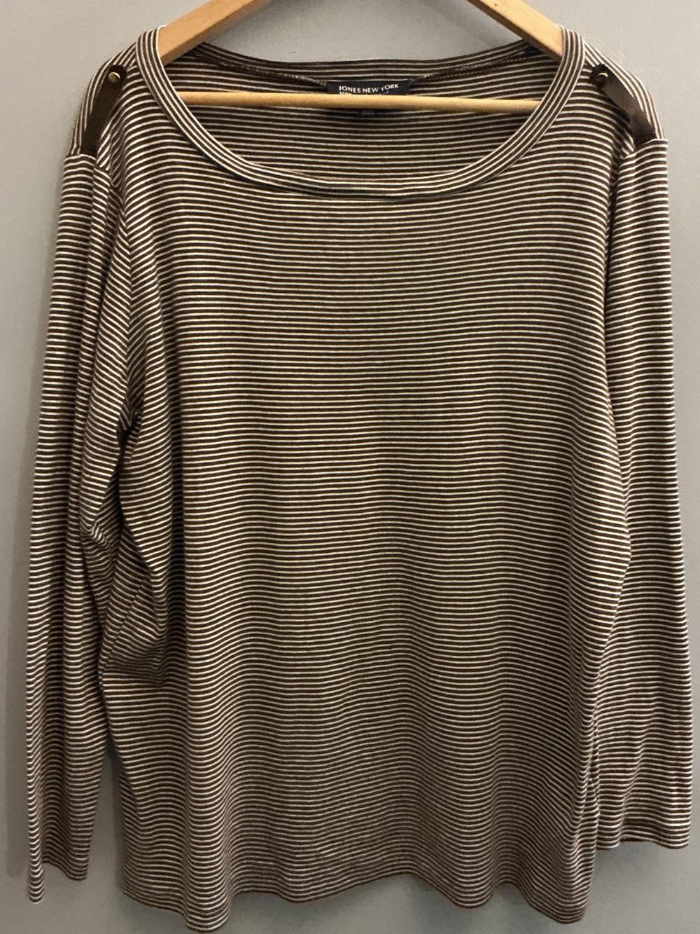 Jones New York Woman 1X Brown Striped Cotton Long-Sleeve Top